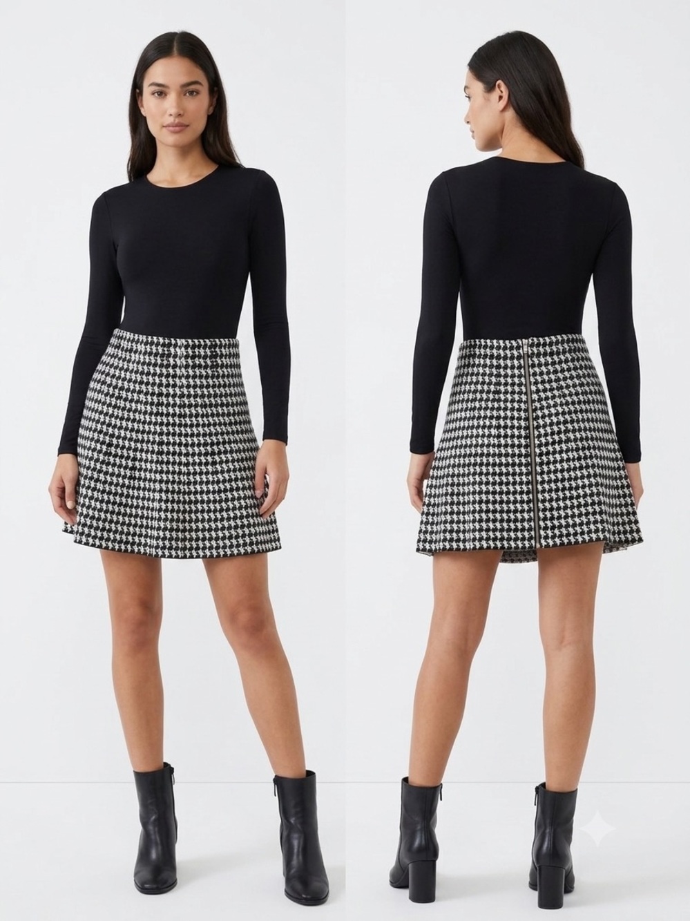 Houndstooth A-Line Mini Skirt - Black & White With Zipper